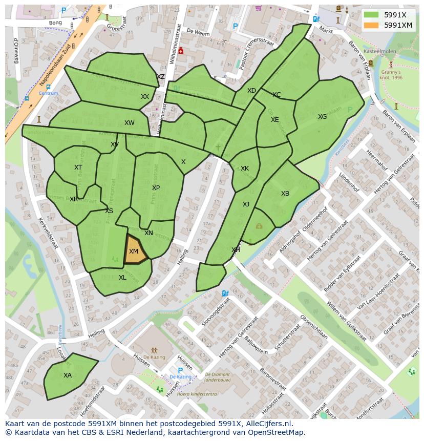 Afbeelding van het postcodegebied 5991 XM op de kaart.