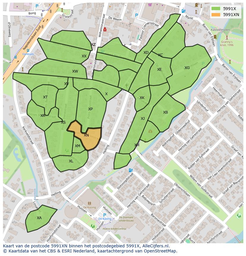 Afbeelding van het postcodegebied 5991 XN op de kaart.