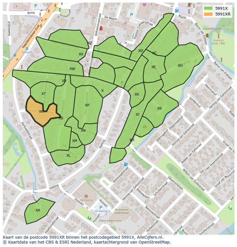 Afbeelding van het postcodegebied 5991 XR op de kaart.