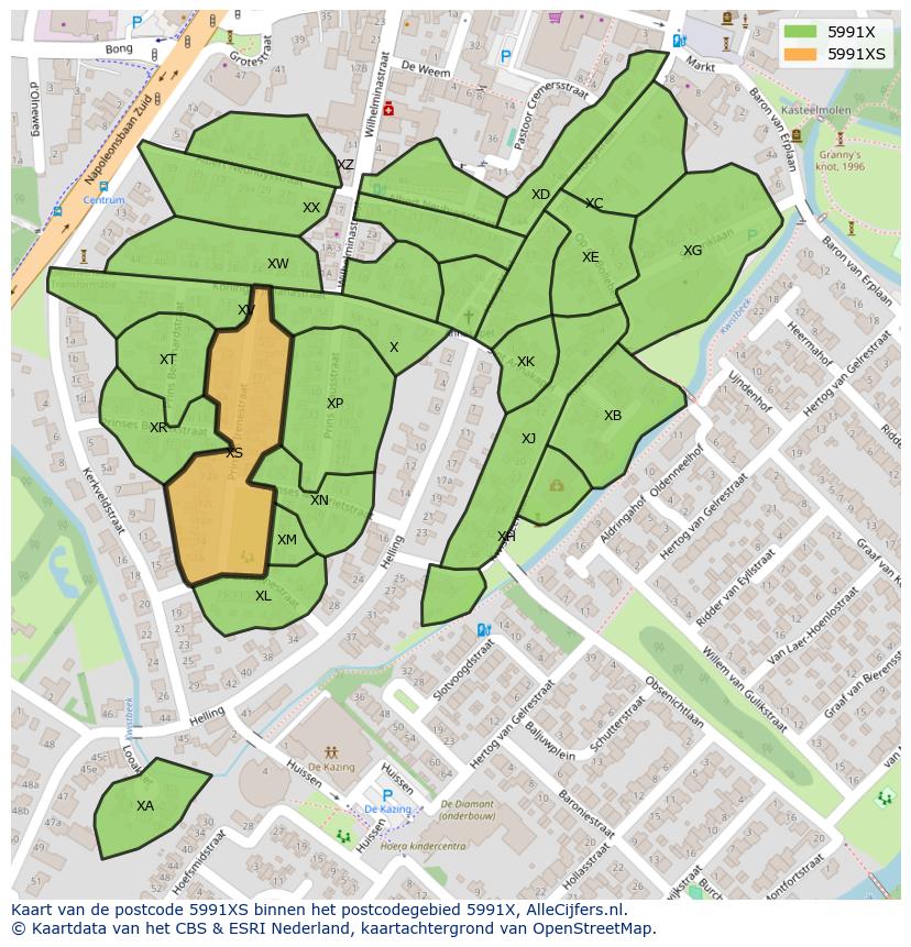 Afbeelding van het postcodegebied 5991 XS op de kaart.