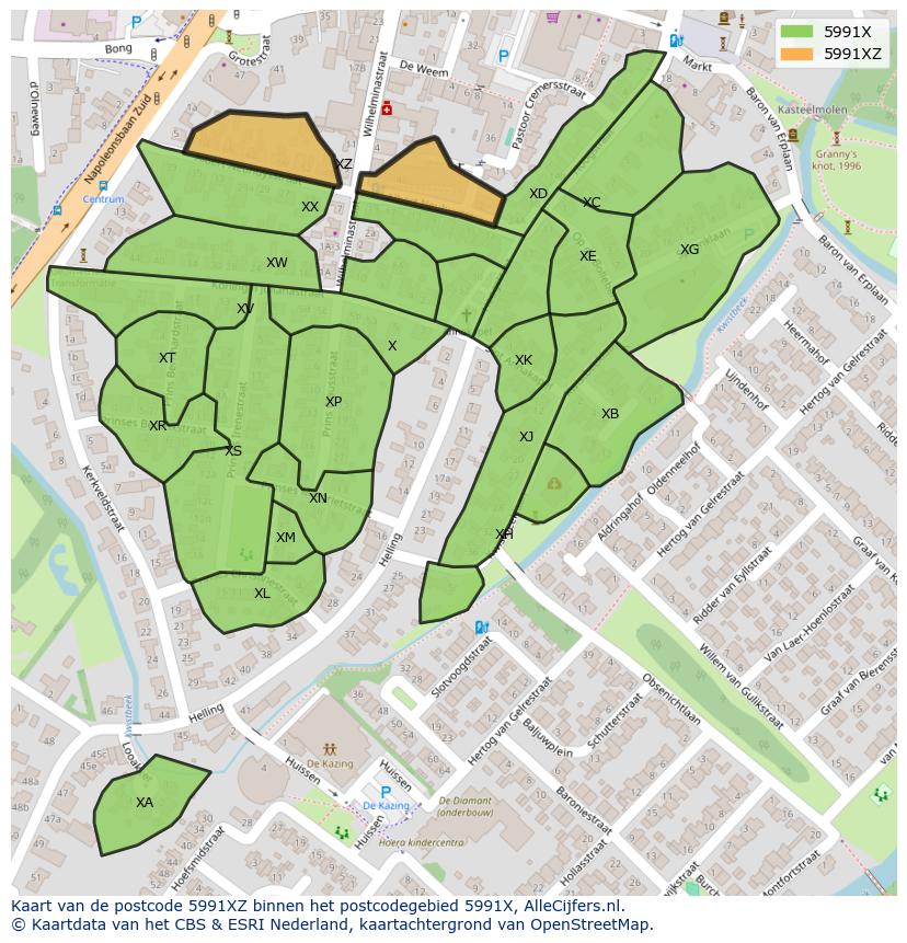 Afbeelding van het postcodegebied 5991 XZ op de kaart.