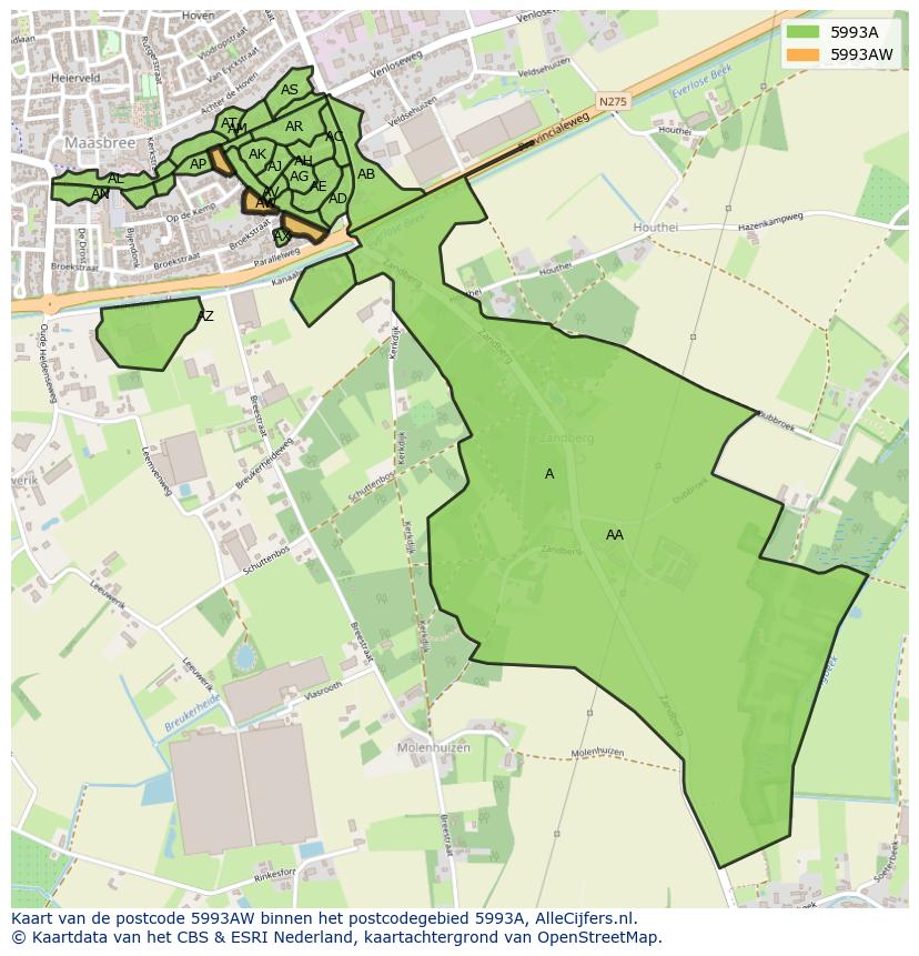 Afbeelding van het postcodegebied 5993 AW op de kaart.