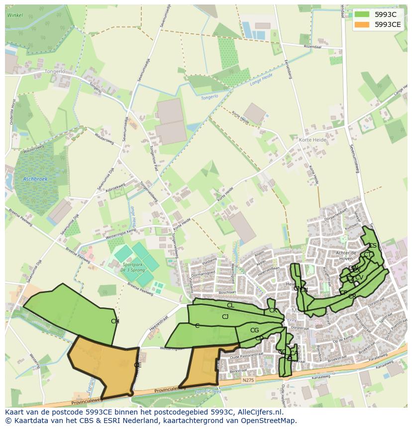 Afbeelding van het postcodegebied 5993 CE op de kaart.