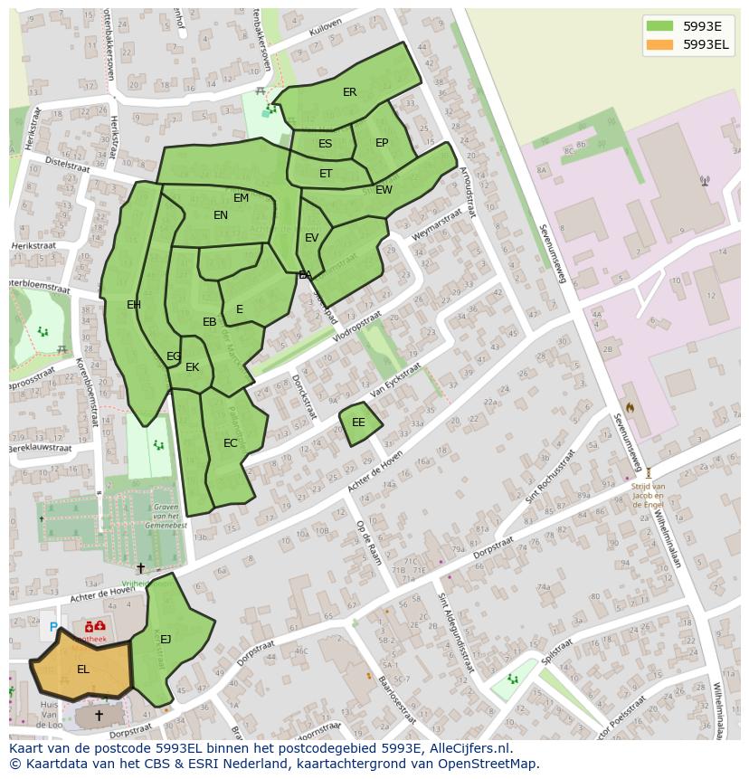Afbeelding van het postcodegebied 5993 EL op de kaart.