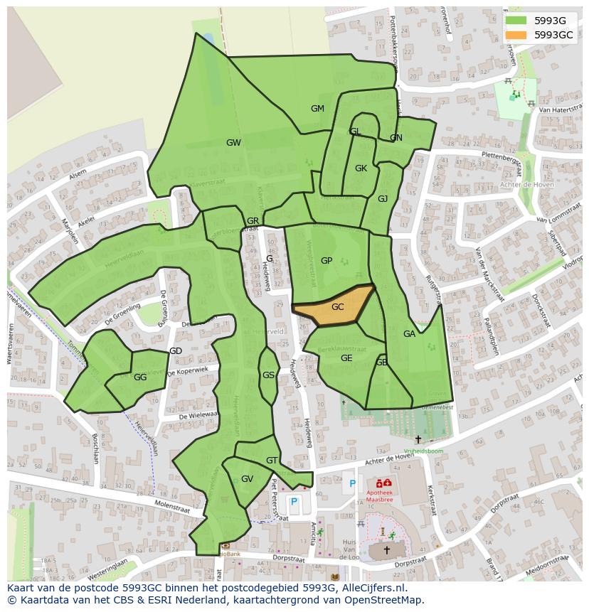 Afbeelding van het postcodegebied 5993 GC op de kaart.