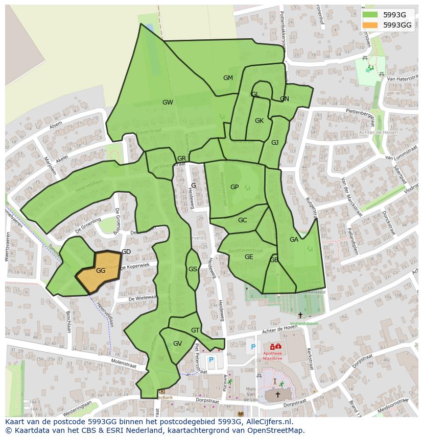 Afbeelding van het postcodegebied 5993 GG op de kaart.