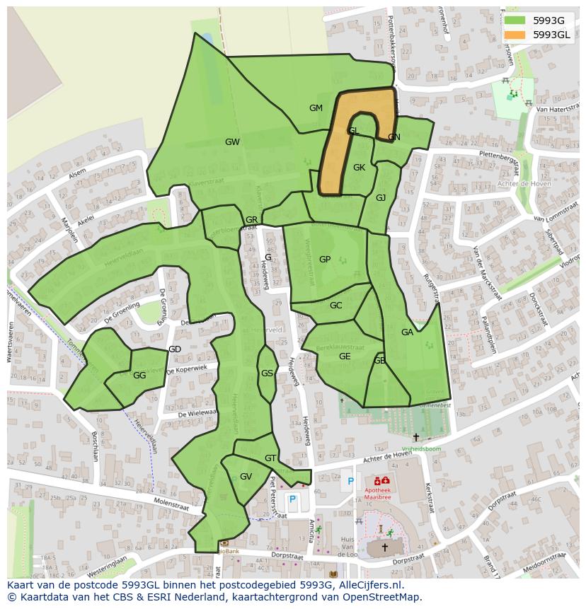 Afbeelding van het postcodegebied 5993 GL op de kaart.