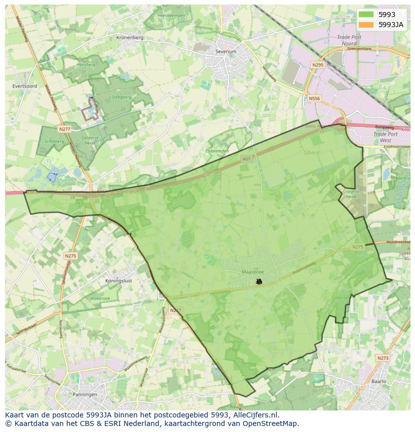 Afbeelding van het postcodegebied 5993 JA op de kaart.