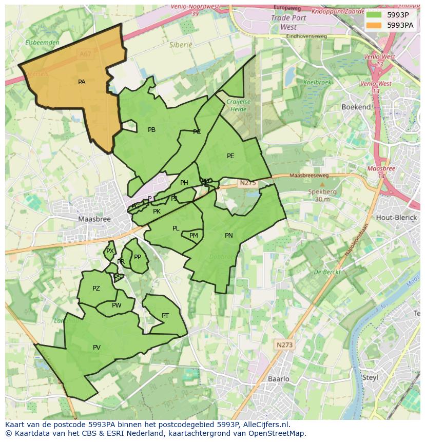 Afbeelding van het postcodegebied 5993 PA op de kaart.