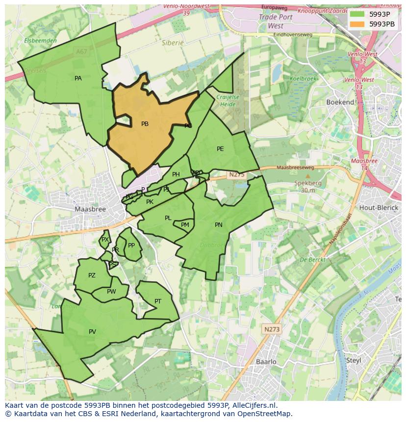 Afbeelding van het postcodegebied 5993 PB op de kaart.