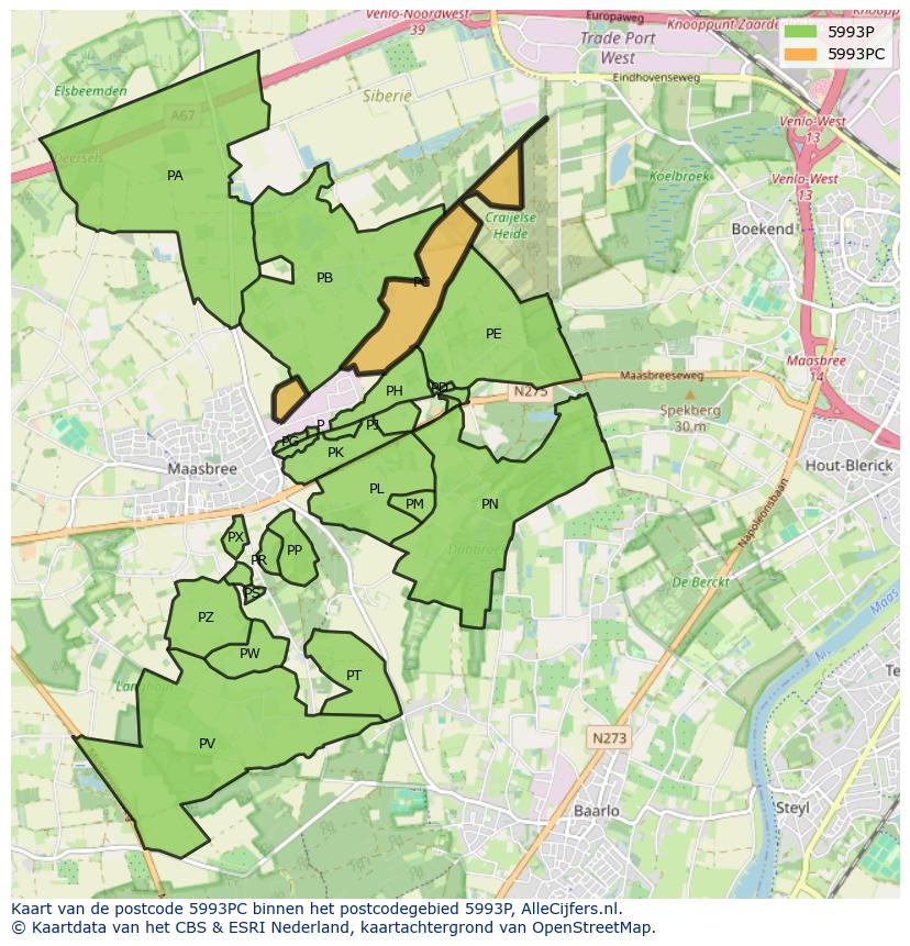 Afbeelding van het postcodegebied 5993 PC op de kaart.