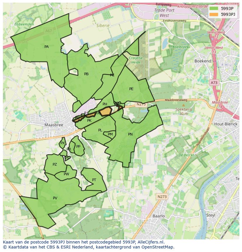 Afbeelding van het postcodegebied 5993 PJ op de kaart.
