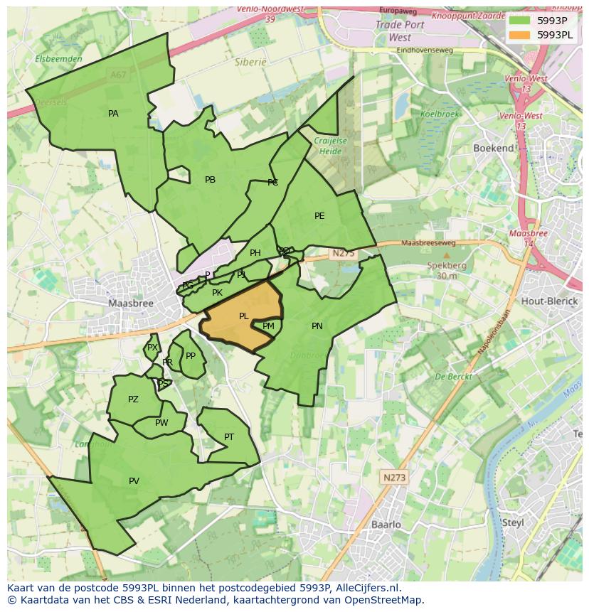 Afbeelding van het postcodegebied 5993 PL op de kaart.