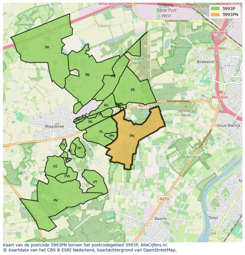 Afbeelding van het postcodegebied 5993 PN op de kaart.