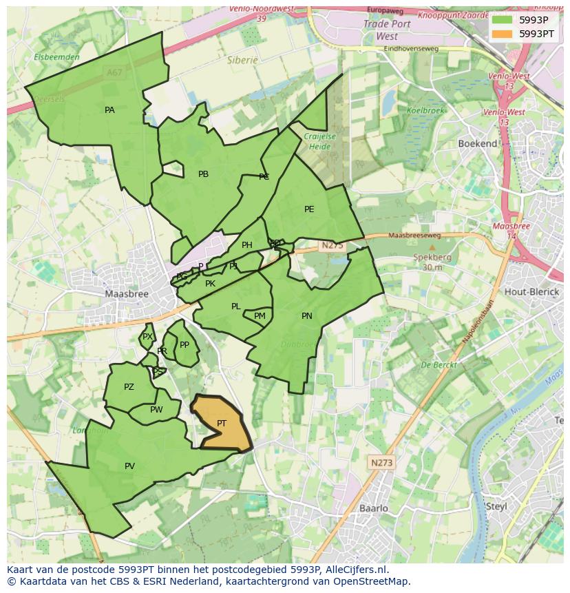 Afbeelding van het postcodegebied 5993 PT op de kaart.