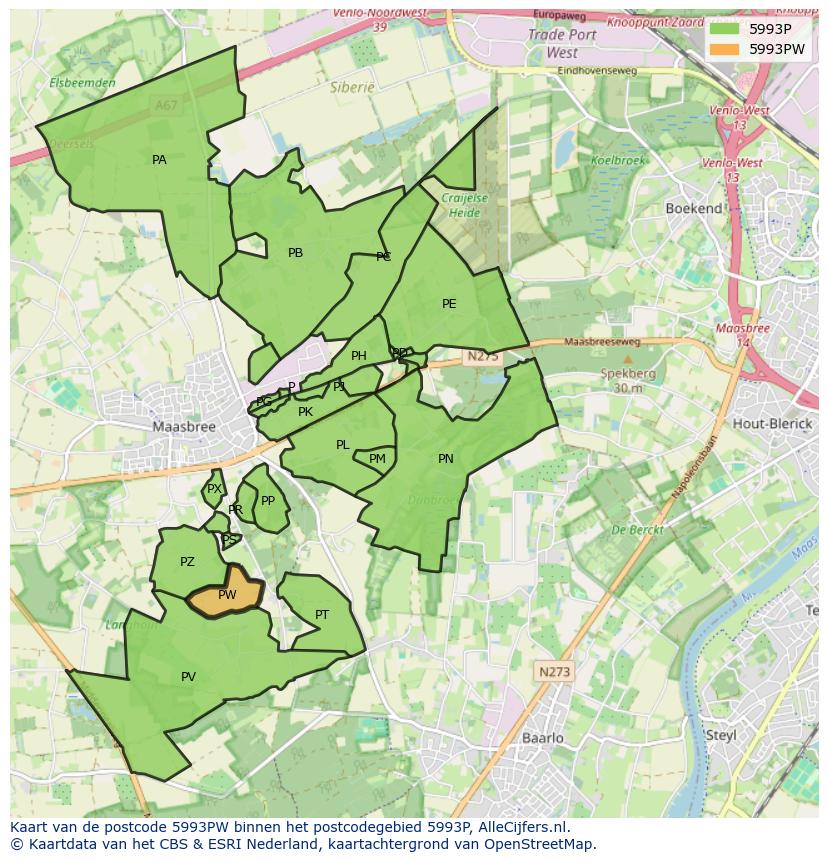 Afbeelding van het postcodegebied 5993 PW op de kaart.