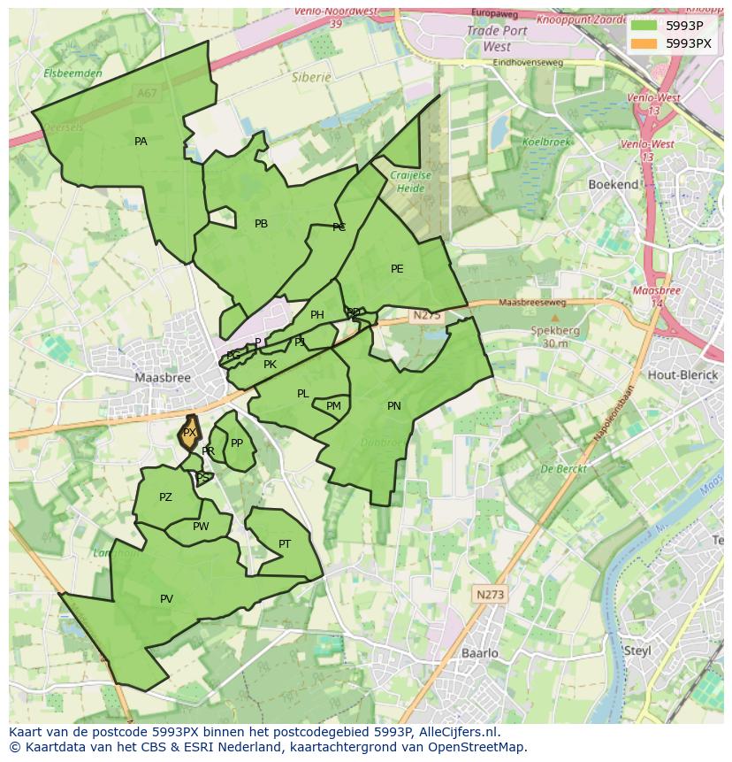 Afbeelding van het postcodegebied 5993 PX op de kaart.