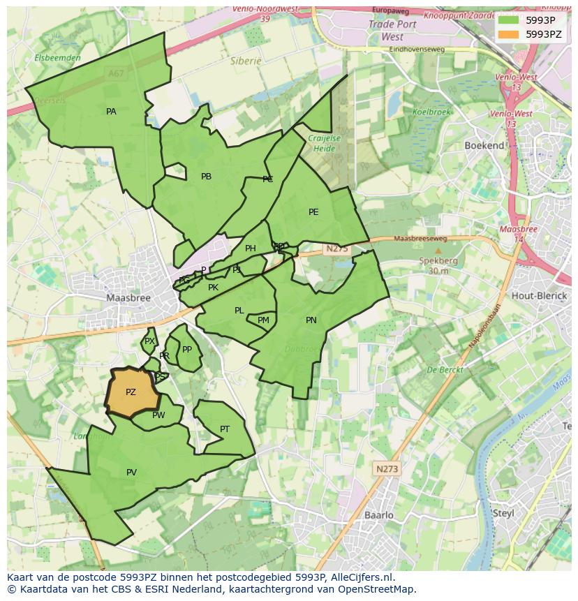 Afbeelding van het postcodegebied 5993 PZ op de kaart.