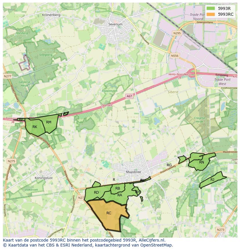 Afbeelding van het postcodegebied 5993 RC op de kaart.