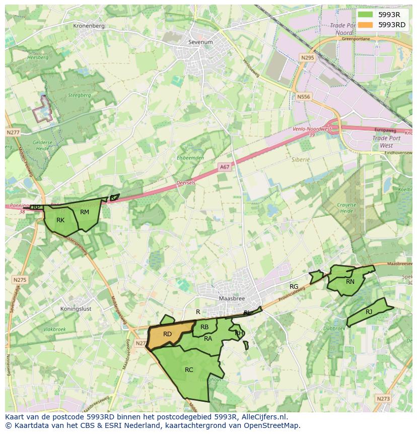 Afbeelding van het postcodegebied 5993 RD op de kaart.