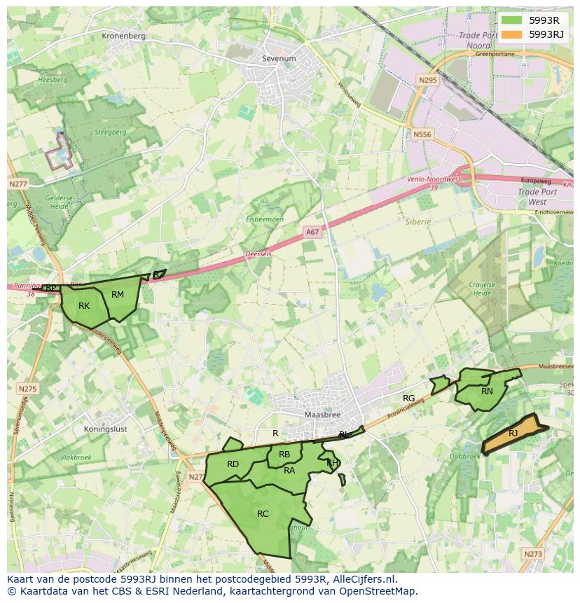 Afbeelding van het postcodegebied 5993 RJ op de kaart.