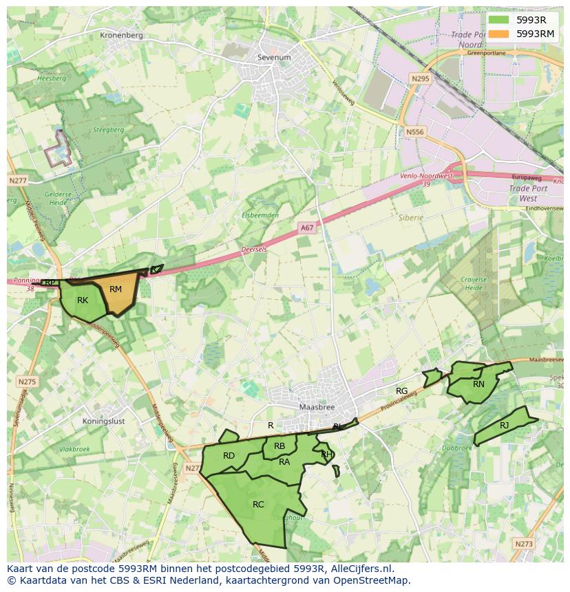Afbeelding van het postcodegebied 5993 RM op de kaart.