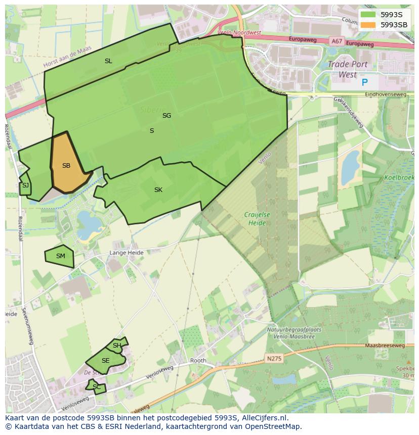 Afbeelding van het postcodegebied 5993 SB op de kaart.