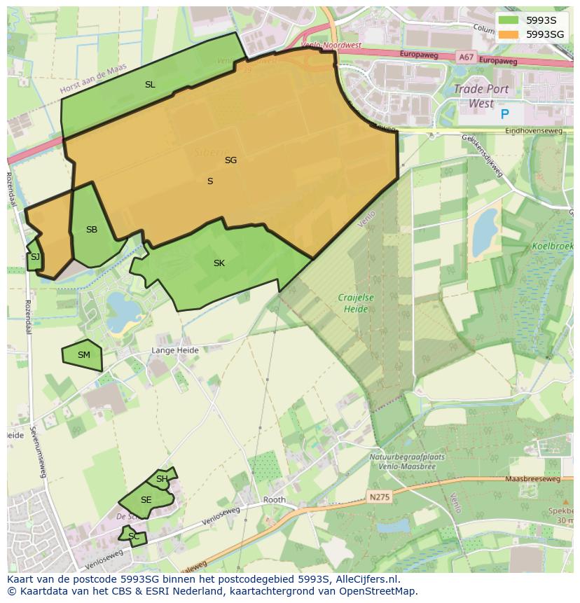Afbeelding van het postcodegebied 5993 SG op de kaart.