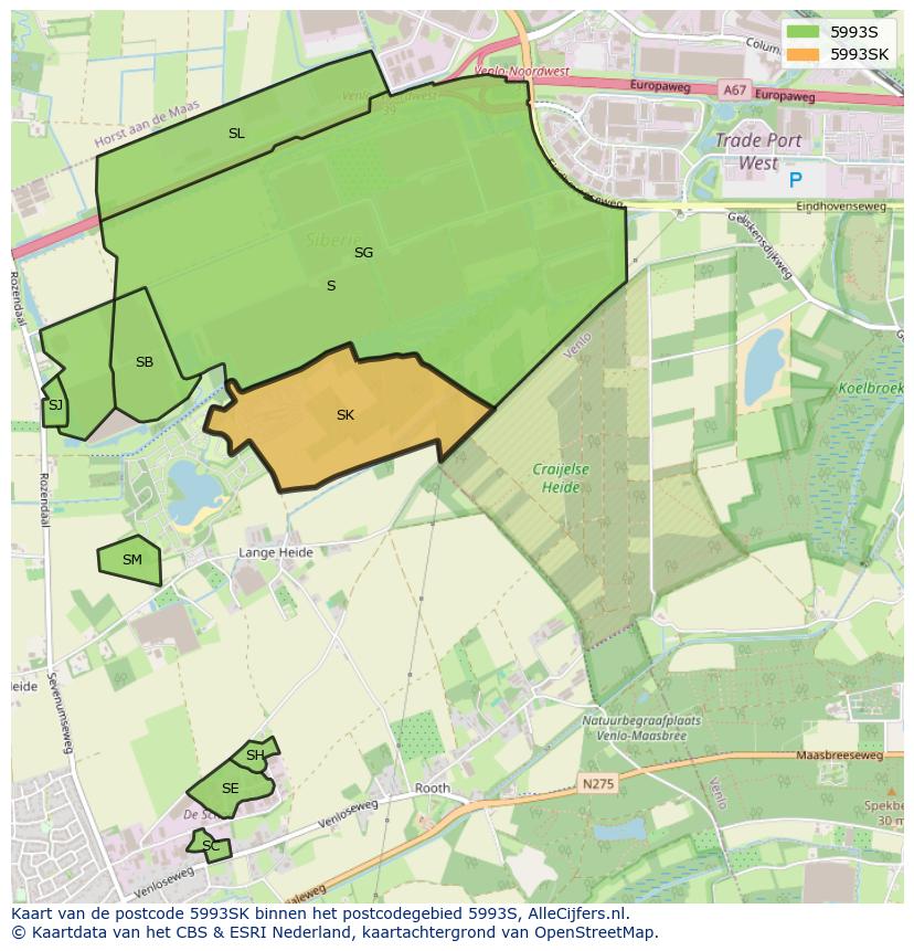 Afbeelding van het postcodegebied 5993 SK op de kaart.