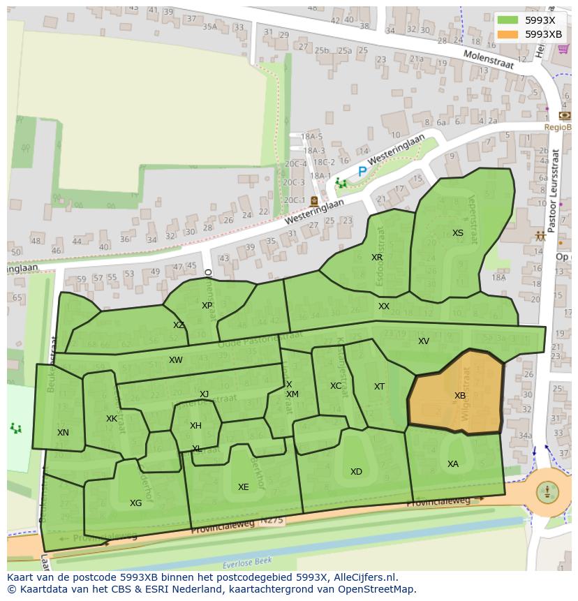 Afbeelding van het postcodegebied 5993 XB op de kaart.
