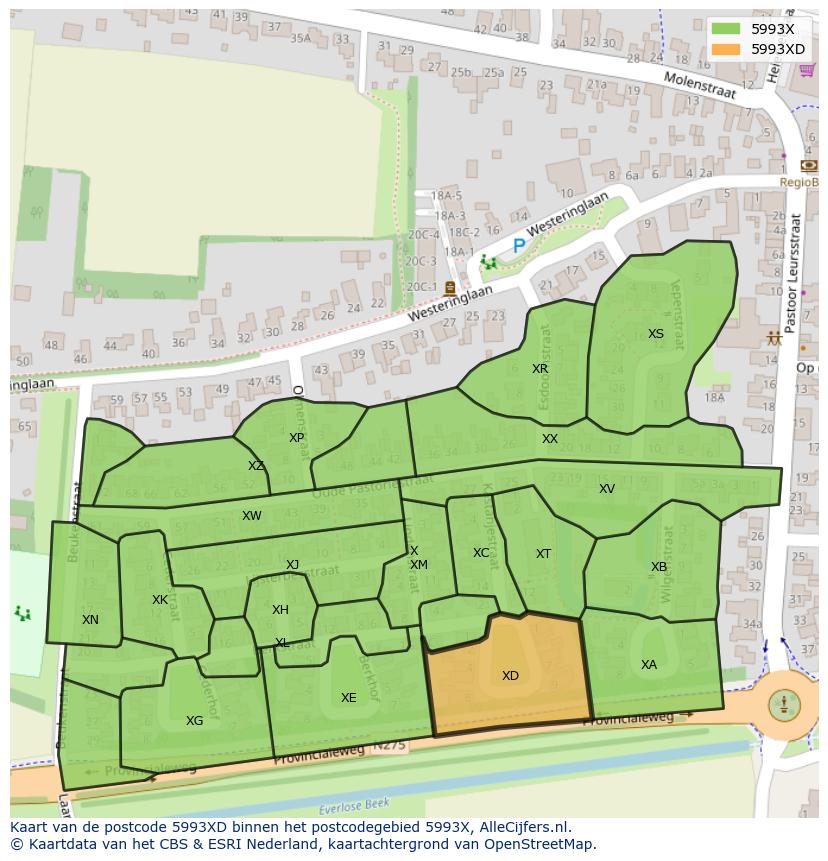 Afbeelding van het postcodegebied 5993 XD op de kaart.