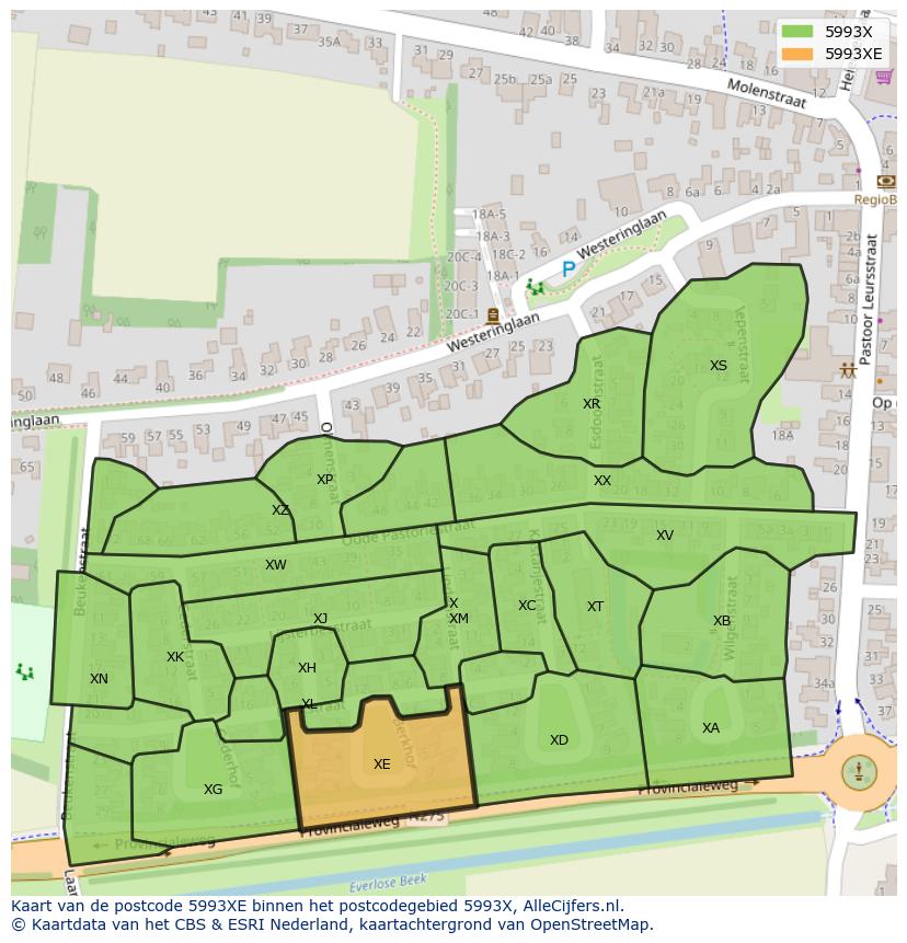 Afbeelding van het postcodegebied 5993 XE op de kaart.
