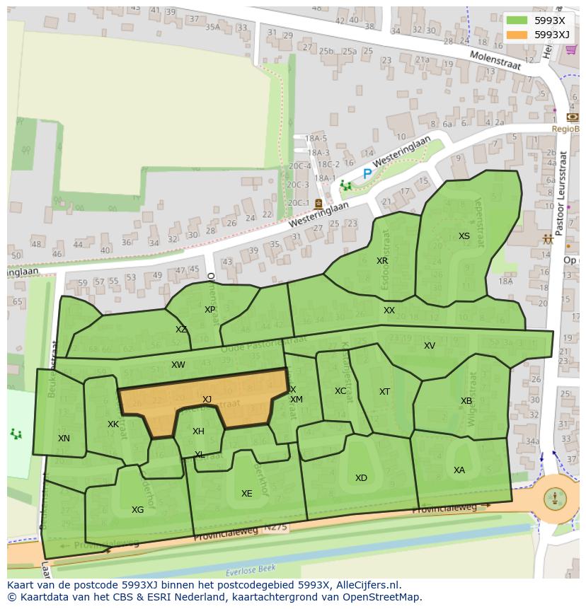 Afbeelding van het postcodegebied 5993 XJ op de kaart.