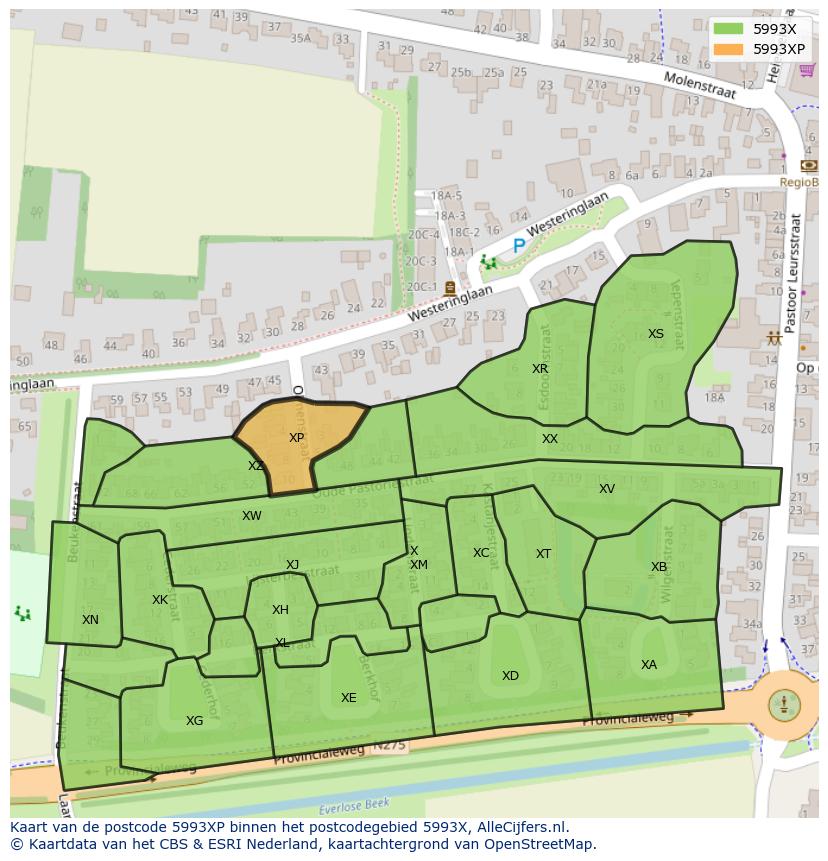 Afbeelding van het postcodegebied 5993 XP op de kaart.