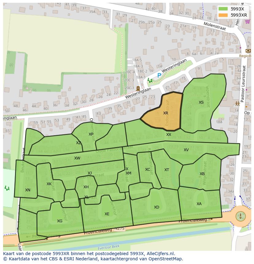 Afbeelding van het postcodegebied 5993 XR op de kaart.