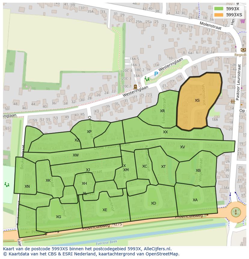 Afbeelding van het postcodegebied 5993 XS op de kaart.