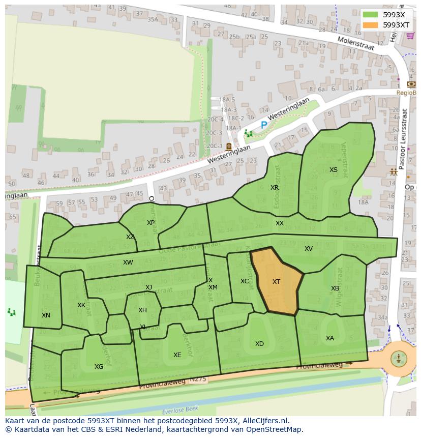 Afbeelding van het postcodegebied 5993 XT op de kaart.