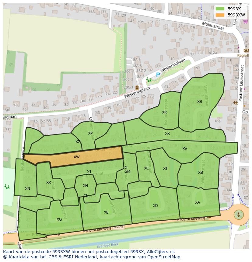 Afbeelding van het postcodegebied 5993 XW op de kaart.