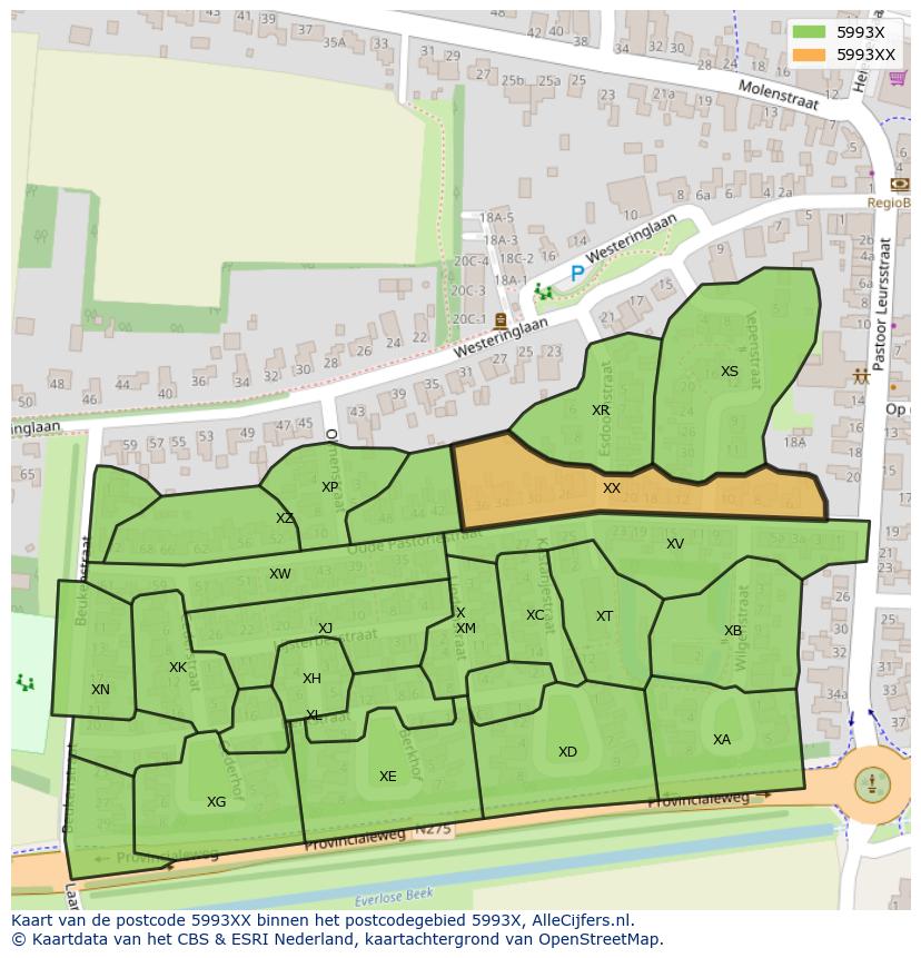 Afbeelding van het postcodegebied 5993 XX op de kaart.