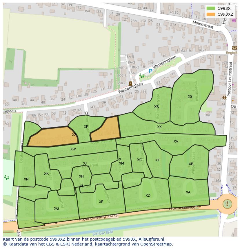 Afbeelding van het postcodegebied 5993 XZ op de kaart.