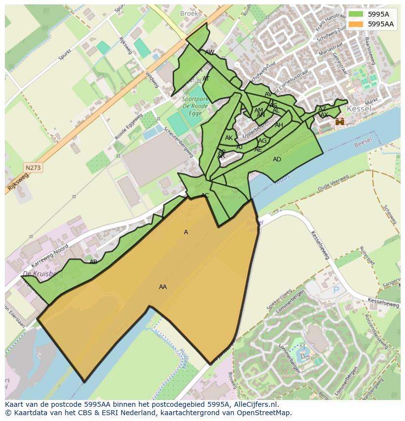 Afbeelding van het postcodegebied 5995 AA op de kaart.