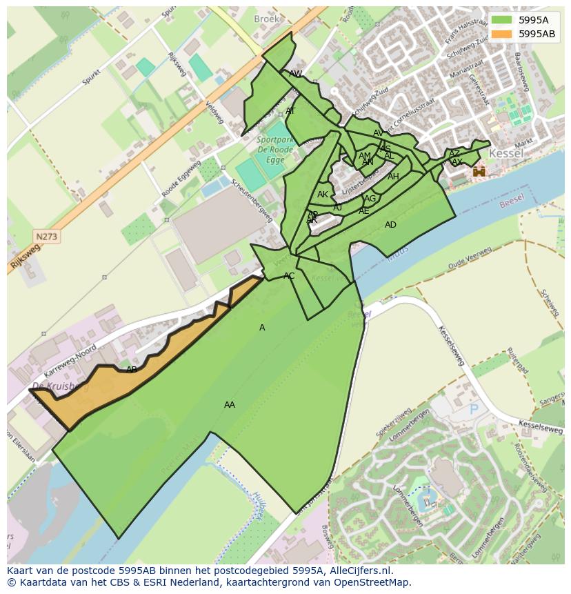 Afbeelding van het postcodegebied 5995 AB op de kaart.
