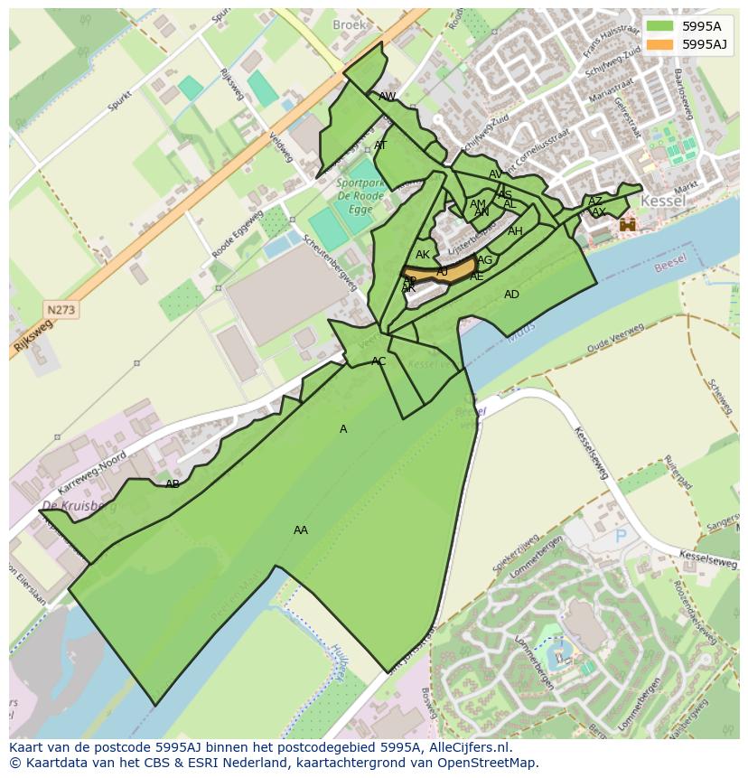 Afbeelding van het postcodegebied 5995 AJ op de kaart.