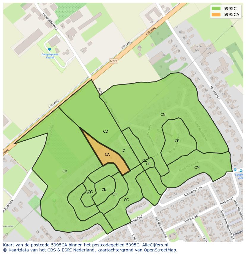 Afbeelding van het postcodegebied 5995 CA op de kaart.