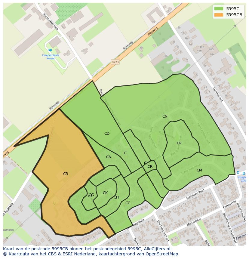 Afbeelding van het postcodegebied 5995 CB op de kaart.