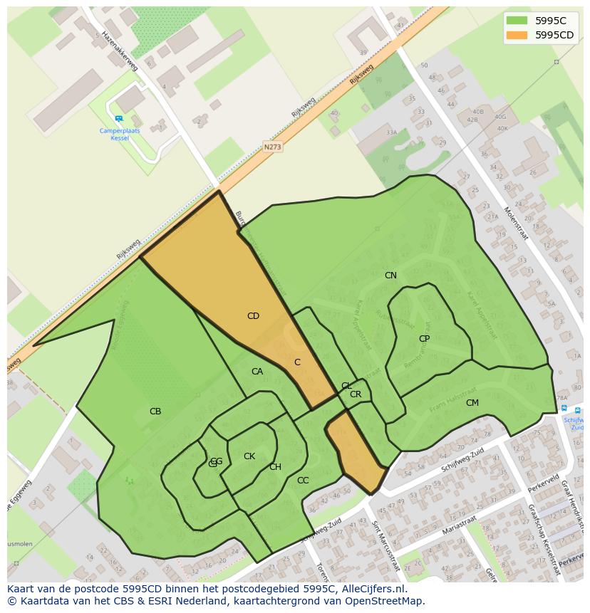 Afbeelding van het postcodegebied 5995 CD op de kaart.