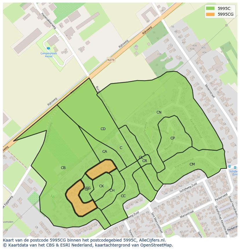 Afbeelding van het postcodegebied 5995 CG op de kaart.