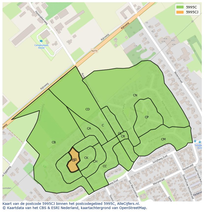 Afbeelding van het postcodegebied 5995 CJ op de kaart.