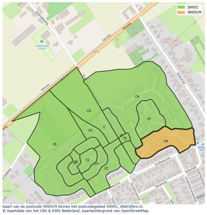 Afbeelding van het postcodegebied 5995 CM op de kaart.