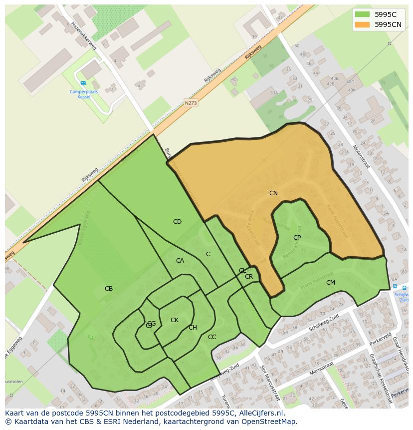 Afbeelding van het postcodegebied 5995 CN op de kaart.
